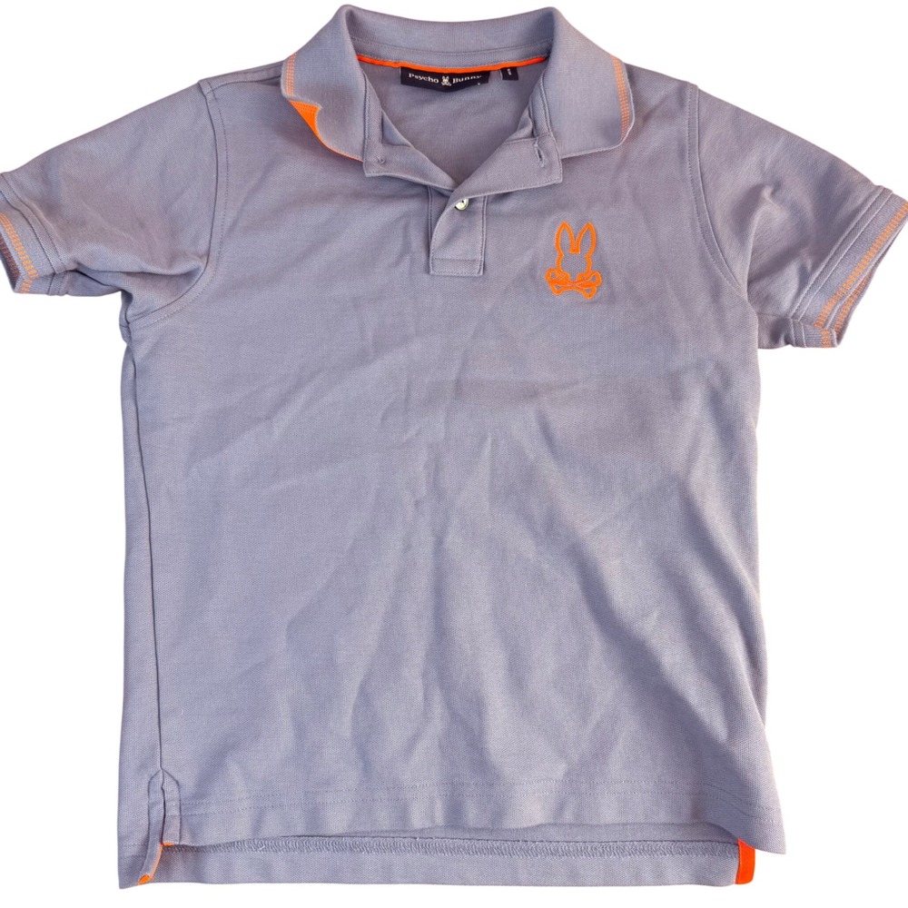 Psycho Bunny Kids Blue‎ Neon Orange Trim Polo Shirt Bunny Logo Size 10/12